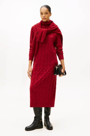 Midi pletena vunena haljina s visokim ovratnikom