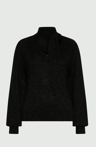 Pleten pulover s lurex vlaknima i trakom za vezanje uz ovratnik