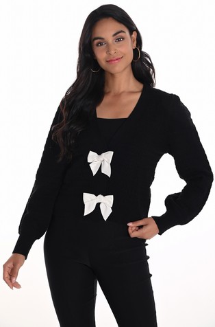 Viscose-blend knit cardigan with decorative bows