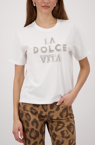 T-shirt with rhinestoned lettering