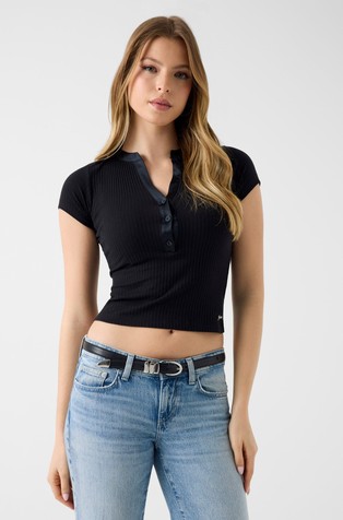 Slim fit knit top with henley collar