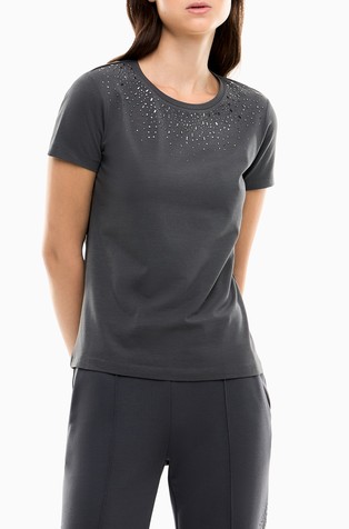 Precious slim fit pamučna majica s ukrasnim kamenčićima