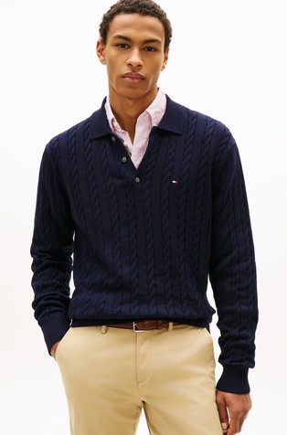 Pleten pamučni pulover s polo ovratnikom